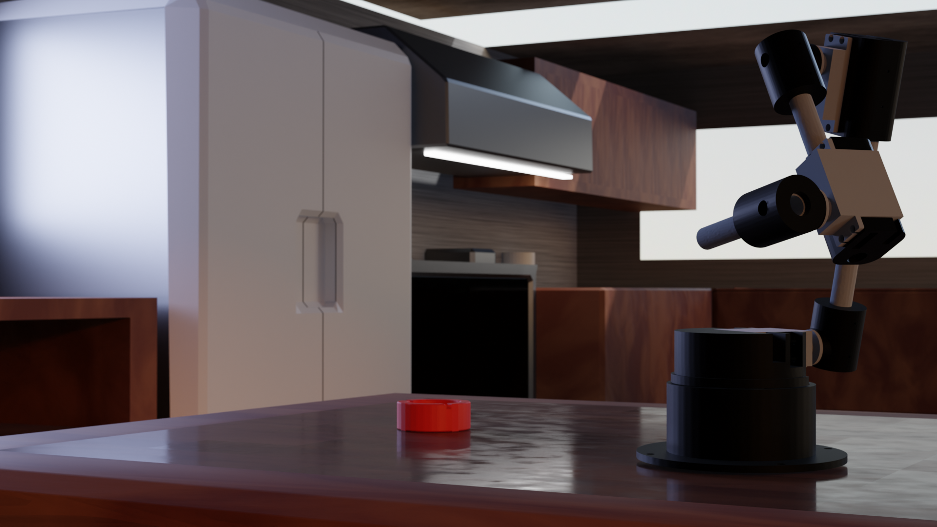 Render de brazo mecanico de cocina para presentacion comercial